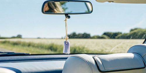 A lavender car air freshener hangs from the rearview mirror during a calm, scenic drive.