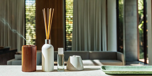 A modern home scent diffuser and a reed diffuser on a countertop in a stylish living room.